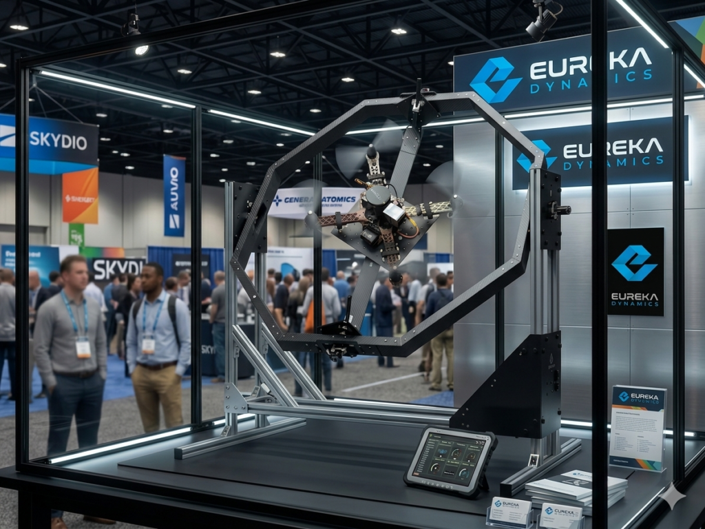 FFT GYRO drone testing platform at expo booth Drone safely tested inside FFT GYRO multi-axis platform at a technology expo, enclosed in transparent safety panels, demonstrating controlled and secure drone operation
